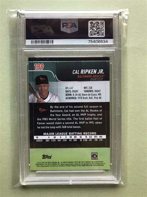 2022 Topps Stadium Club Cal Ripken Jr Red Foil Parallel 189 Psa 9 Mint Hof Ebay