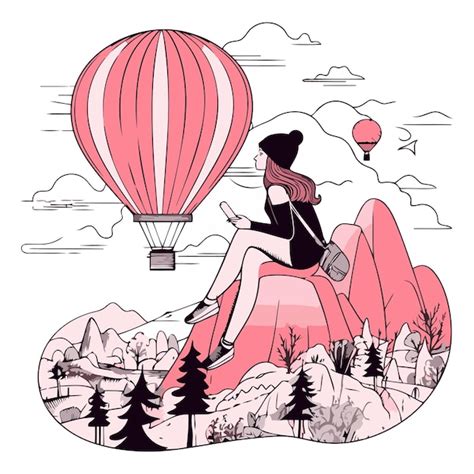 Girl On The Mountain With Hot Air Balloon In Cartoon Style Premium AI Generated Vector