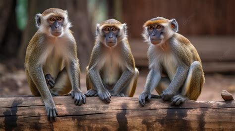 Three Monkeys Sit On A Log While Staring Out Into Space Background