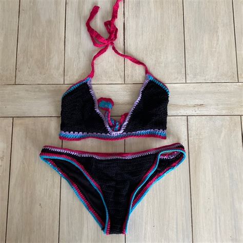 Tobi Swim Tobi Black Hot Pink Turquoise Purple Crochet Bikini Small Medium Poshmark