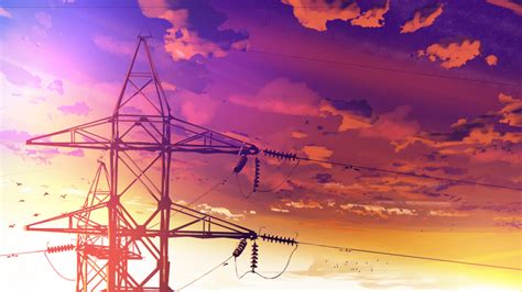 Artwork Digital Art Utility Pole Clouds Birds Sunset Anime Hd