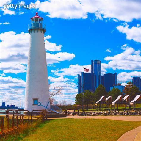 Detroit City Skyline And Milliken State Park Lighthouse The Iconic