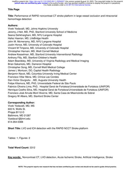 Pdf Performance Of Rapid Noncontrast Ct Stroke Platform In Large