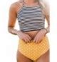 Women Girls Striped Two Piece Bikini High Waisted Lace Up Halter Padding Bathing Suits Yellow