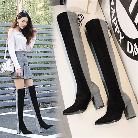 Buy Suede Women Thigh High Boots Mixed Color Slim Sexy