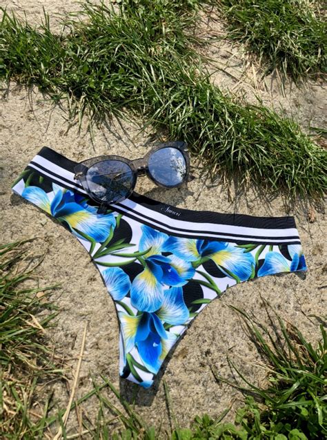 Blue Flowers Brazilian Bikini Bottom With Black Waist High Legged Cut Swimsuit Bottom V Front