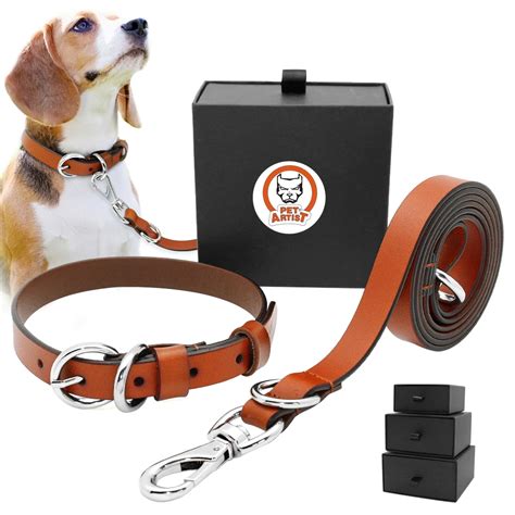 Real Leather Dog Collar and Leash Set Adjustable Genuine Pet Collar and ...