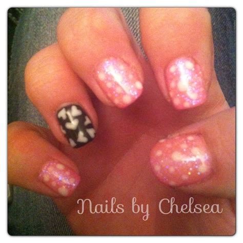 Gel Polish With Nail Art Polka Dots And Hearts Pink Sparkles And Gray Polish Nails By Chelsea