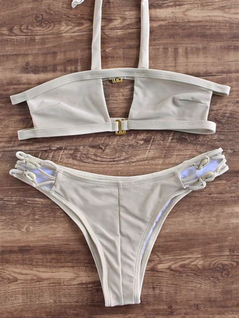 Shop Pale Khaki Halter Cutout Design Bikini Set Online Shein Offers