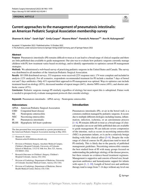 Current Approaches To The Management Of Pneumatosis Intestinalis An