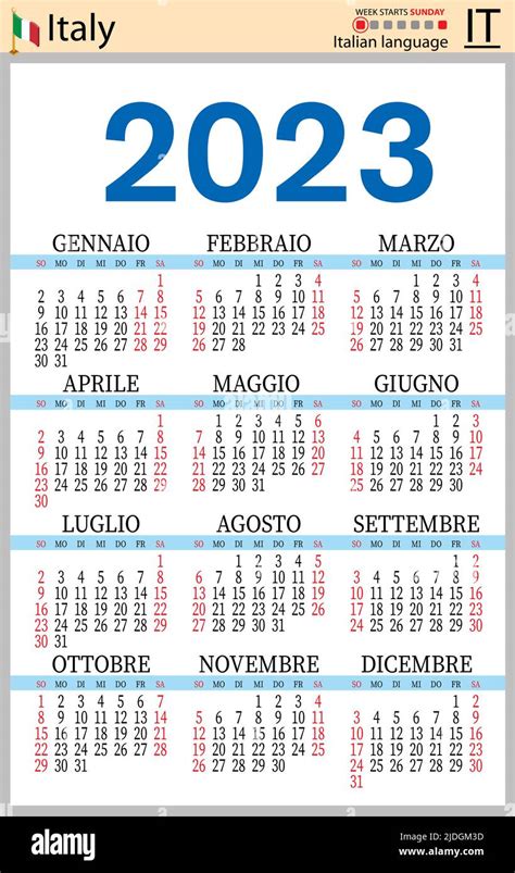 Calendario italiano de bolsillo vertical para 2023 dos mil veintitrés