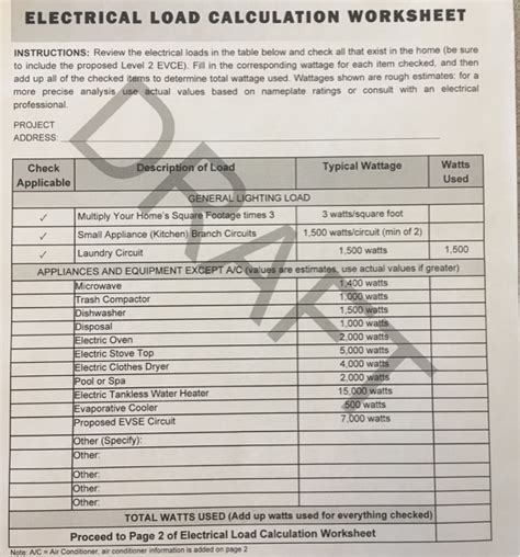 Electrical Panel Load Calculation Worksheet