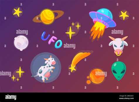 Flat Ufo Sticker Pack In Fantasy Style Alien Doodle Icon Set