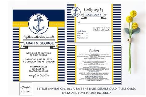 Anchor Navy And Yellow Nautical Wedding Invitation Template By