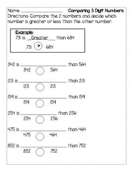 Comparing 3 Digit Numbers Worksheets