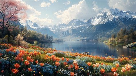 Premium Photo | A painting of flowers by the lake