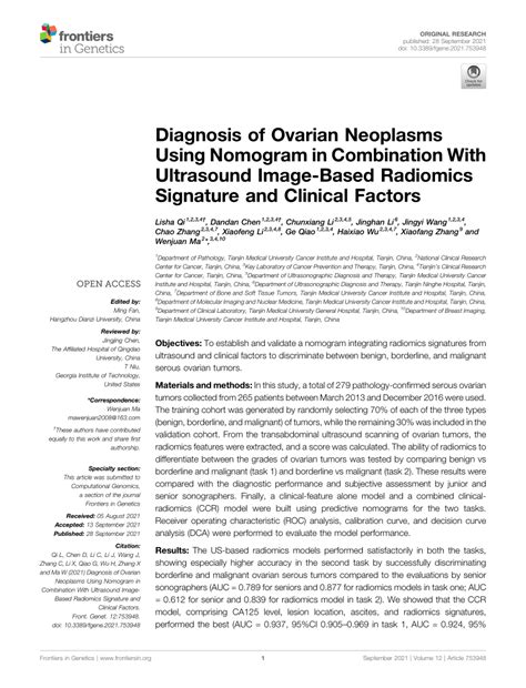 PDF Diagnosis Of Ovarian Neoplasms Using Nomogram In Combination With