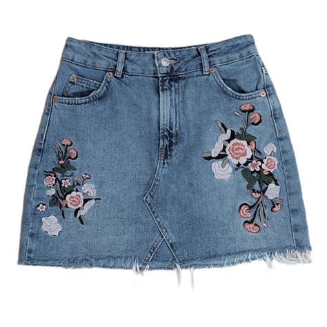 Topshop Moto Embroidered Cut Off Mini Jean Skirt Sz 4 Pink Floral Raw