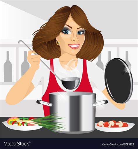 Smiling young woman cooking in kitchen Royalty Free Vector