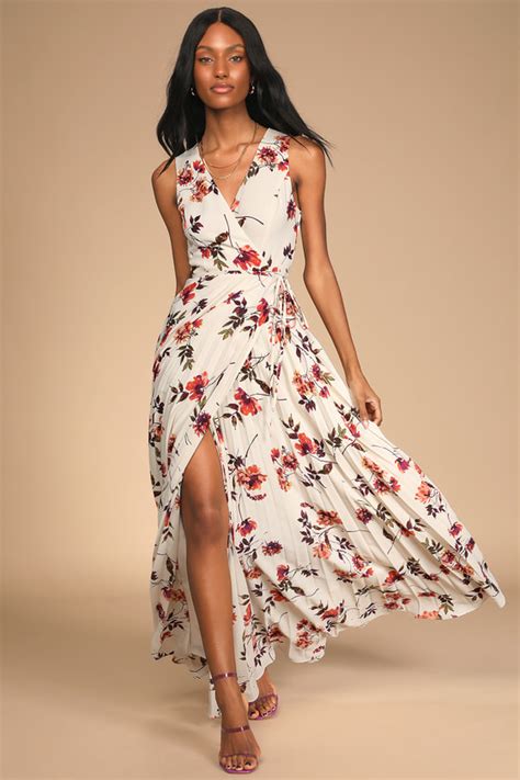 Ivory Multi Floral Print Dress Wrap Dress Maxi Dress Lulus