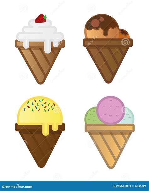 Set Of Ice Cream In Waffle Cones Stock Vector Illustration Of Mixed