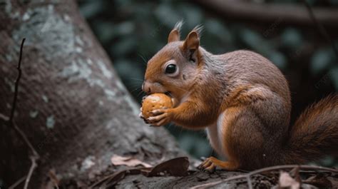 Red Squirrel Eating A Walnut Background Closeup Of Ezo Squirrel Eating