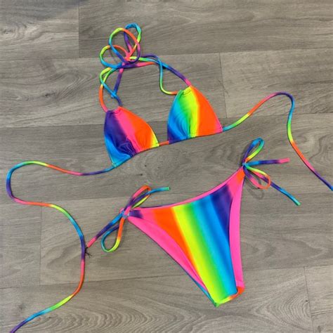 Multi Coloured Rainbow Stripe Bikini Set Tie Bottoms And Etsy