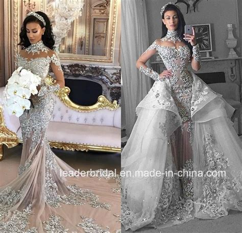 Long Sleeves Wedding Dresses Lace Arabic Crystal Mermaid Bridal Gowns