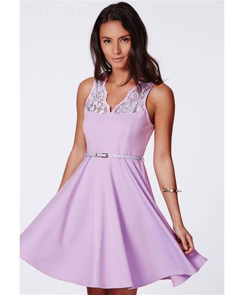 Missguided Asmita Lilac Lace Belted Skater Dress In Purple Lilac Lyst