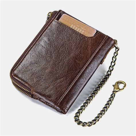 Men Genuine Leather Rfid Blocking Anti Theft Vintage Zipper Coin Bag