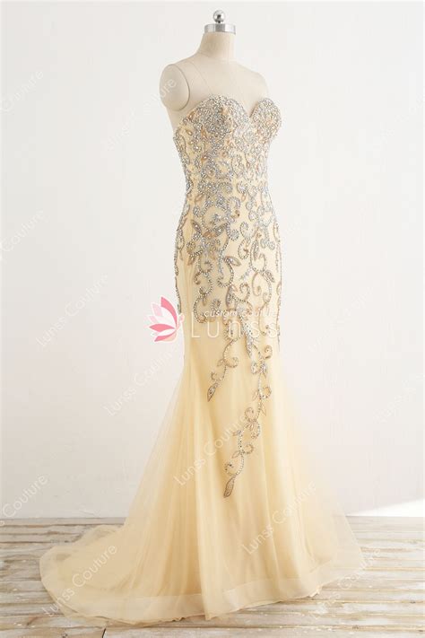 Champagne Beaded Sweetheart Mermaid Prom Dress Lunss