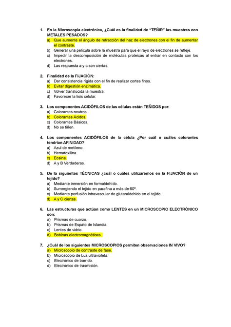 Examen 2018 Preguntas Y Respuestas 1 En La Microscopia Es La