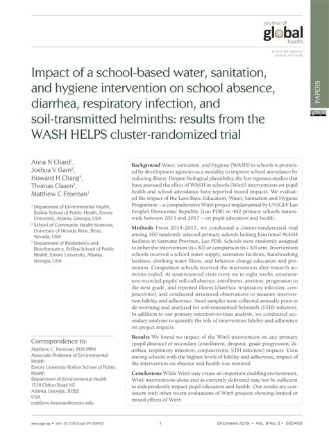 Pdf Impact Of A School Based Water Sanitation And Hygiene