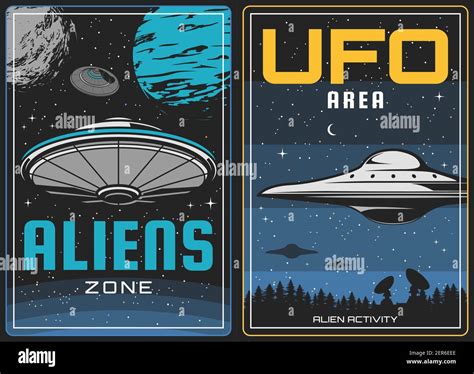 UFO aliens and outer space, universe planets, vector vintage poster ...