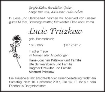 Traueranzeigen Von Lucie Pritzkow M Rkische Onlinezeitung Trauerportal