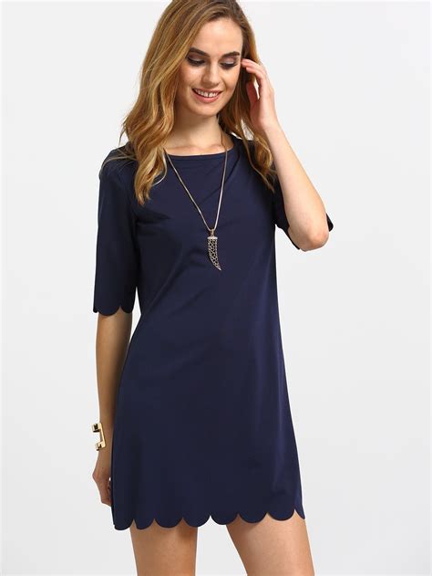 Navy Scalloped Hem Shift Dress Sheinsheinside