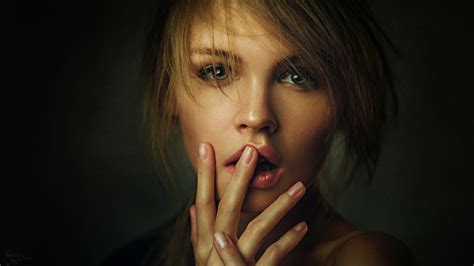 Wallpaper Women Model Blonde Hands Open Mouth Green Eyes