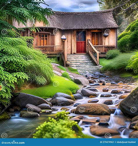 Nature& X27;s Retreat.a Cozy Hut Amidst Lush Greenery Stock