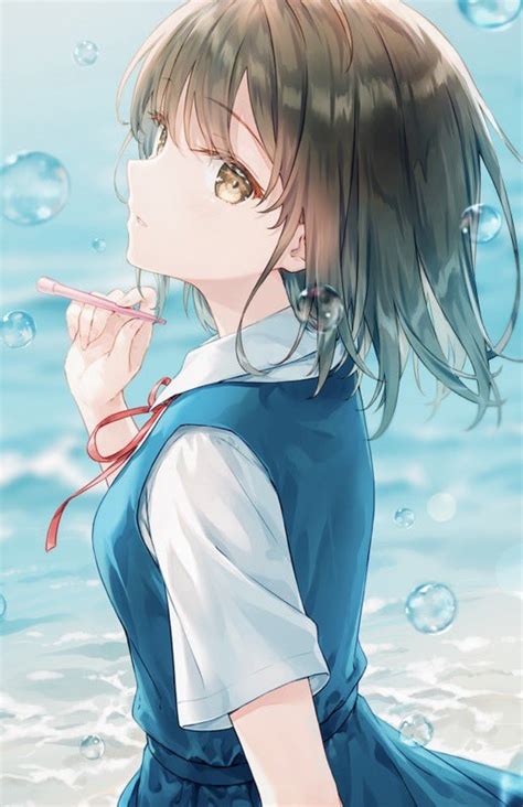 Safebooru 1girl Beach Blush Bow Brown Eyes Brown Hair Bubble Bubble