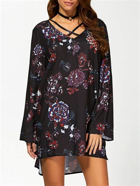 [17 Off] 2019 Asymmetrical Long Sleeve Floral Boho Tunic Dress In