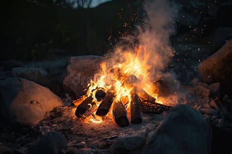 Close Up Of Campfire With Sparks Flying And Flickering Flames Stock