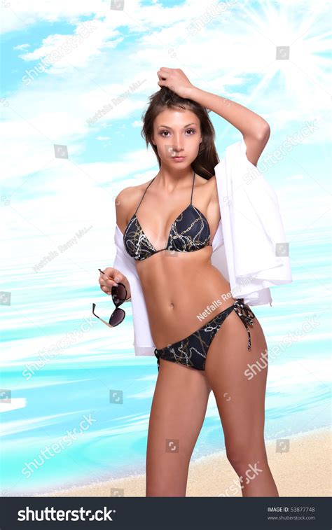 Стоковая фотография 53877748 Sexy Bikini Model Over Sea Background Shutterstock