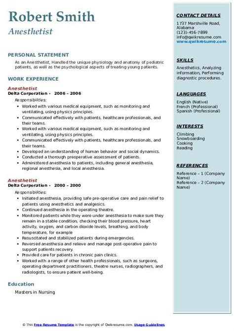 Anesthetist Resume Samples Qwikresume