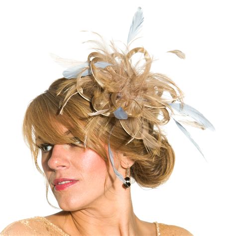 Taupe Nude Satin And Feathers With Baby Blue Highlights Small Feather Fascinator Hat Abbie