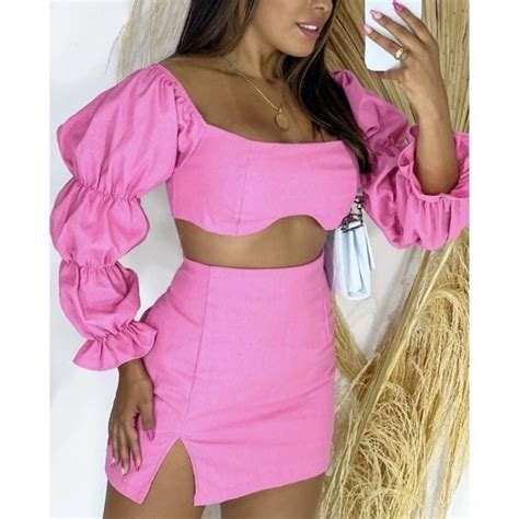 Conjunto Feminino Saia Cropped Conjunto Estiloso Linho Shopee Brasil