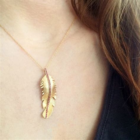 K Gold Large Feather Pendant Charm With Pav Ruby Etsy