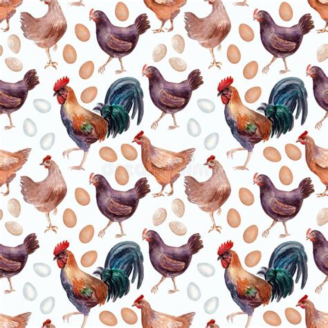 Watercolor Seamless Pattern With Poultry Chickens Roosters And Eggs