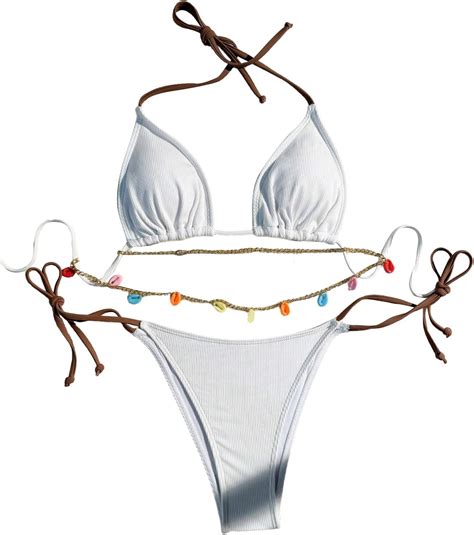 Amazon Wdirara Women S Swimsuit Set Halter String Sea Shell Triangle Bikini Set Cheeky