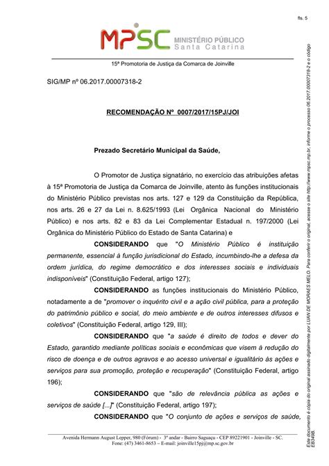 Recomendação 15ª Promotoria de Justiça de Joinville transferência