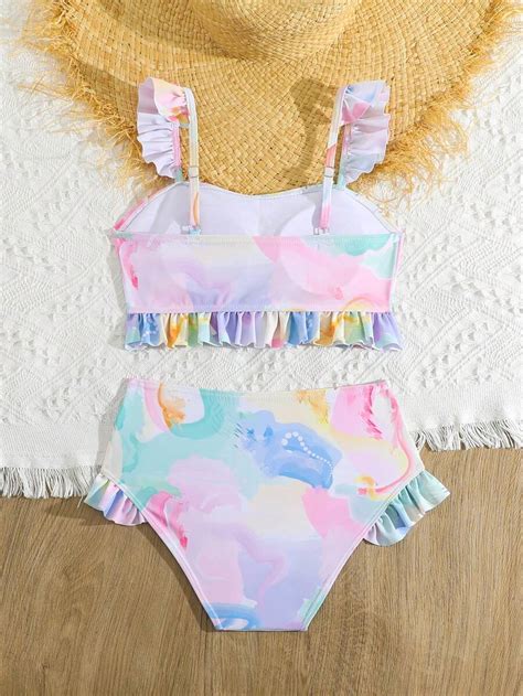 Tween Girl Lace Edge Bikini Set And Swimwear Watercolor Tie Dye
